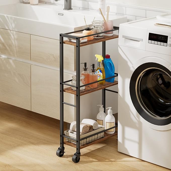 Slim Rolling Cart, Mobile Kitchen Cart on Wheels, Narrow Storage Cart for Small Space, Wooden Service Cart, for Bathroom, Laundry, Living Room, Rustic Brown RCHR1501Z - LeafyLoom