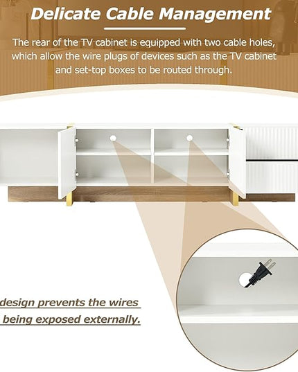 Merax Luxury Fluted TV Stand for Televisions Up to 80'', Modern Entertainment Center with Storage Cabinets & Drawers and Golden Wood Grain Legs, Smooth Media Console, for Living Room, White - LeafyLoom