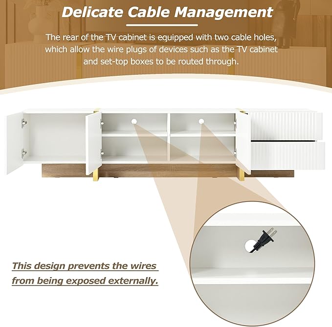 Merax Luxury Fluted TV Stand for Televisions Up to 80'', Modern Entertainment Center with Storage Cabinets & Drawers and Golden Wood Grain Legs, Smooth Media Console, for Living Room, White - LeafyLoom