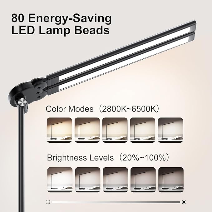 Desk Lamps for Home Office, Eye-Care LED Desk Lamp with USB Charging Port, Touch Control Table Lamp with Night Light Mode, 60 min Timer Desktop Lamp for College Dorm Room Bedroom - LeafyLoom