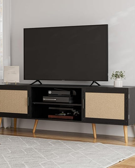 TV Stand for TVs up to 65'', Entertainment Center with Rattan Door, Shelves & 2 Cabinets, Boho Media TV Console for Living Room, Bedroom, Black - LeafyLoom