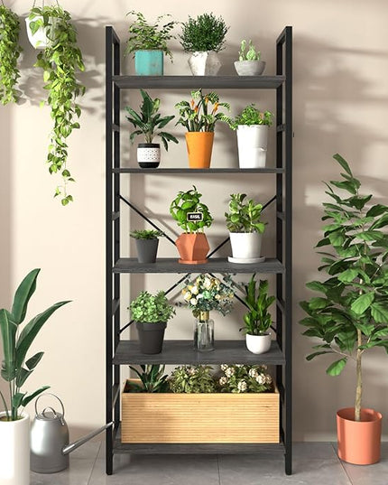 Yoobure 5 Tier Bookshelf - Tall Book Shelf Modern Bookcase for CDs/Movies/Books, Rustic Book Case Industrial Bookshelves Book Storage Organizer for Bedroom Home Office Living Room Grey - LeafyLoom