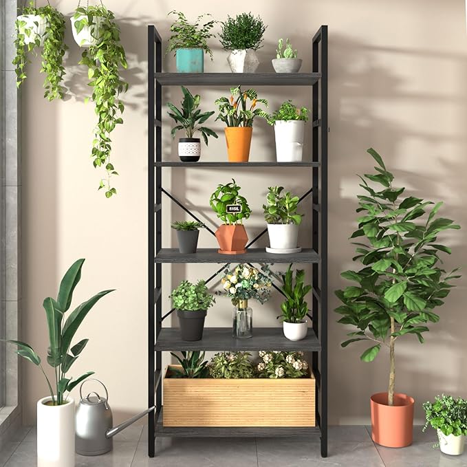 Yoobure 5 Tier Bookshelf - Tall Book Shelf Modern Bookcase for CDs/Movies/Books, Rustic Book Case Industrial Bookshelves Book Storage Organizer for Bedroom Home Office Living Room Grey - LeafyLoom