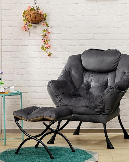 AcozyHom Fabric Lazy Chair with Foldable Ottoman, Accent Comfy Lounge Arm Chair and Folding Footrest Stool Set, Leisure Sofa Reading Chair and Footstool for Living Room, Bedroom, Dorm, Smoky Grey - LeafyLoom