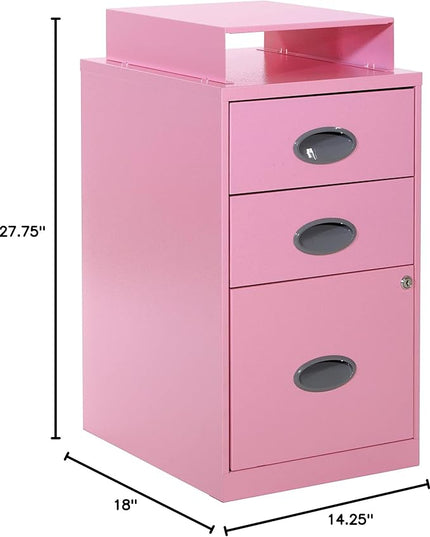 OSP Home Furnishings 3 Drawer Locking Metal File Cabinet with Top Shelf, Pink - LeafyLoom