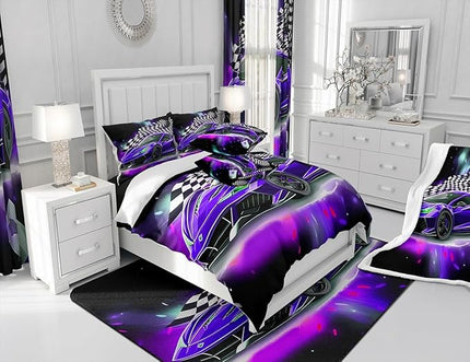Purple Race Car Comforter Set Full Size, Black White Lattice Bedding Set 2pcs for Kids Boys Teens Room Decor,Extreme Sport Games Quilt Set,Cool Modern Duvet Insert with 2 Pillowcases - LeafyLoom
