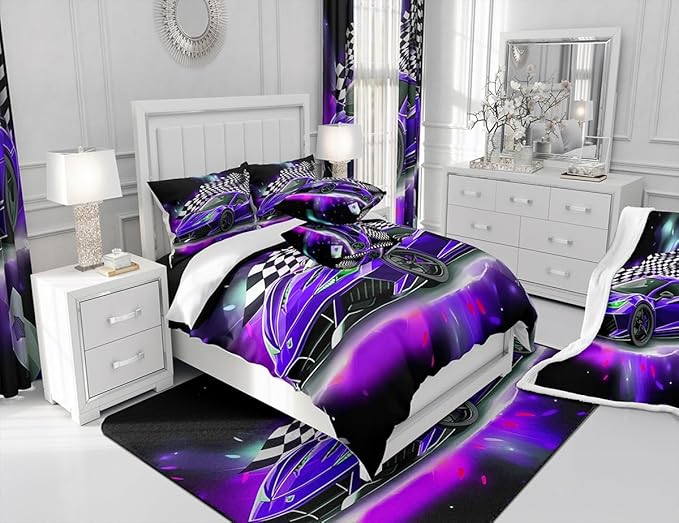 Purple Race Car Comforter Set Full Size, Black White Lattice Bedding Set 2pcs for Kids Boys Teens Room Decor,Extreme Sport Games Quilt Set,Cool Modern Duvet Insert with 2 Pillowcases - LeafyLoom