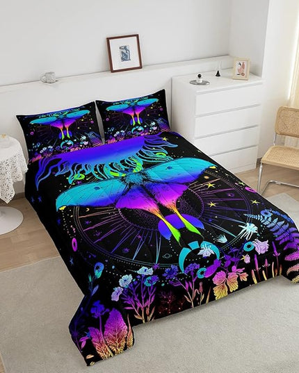 Erosebridal Moth Comforter Set King Hippie Psychedelic Sun and Moon Bedding Set,Purple Blue Ombre Galaxy Floral Botanical Comforter for Girls Teens Women Stars Planet Quilt Duvet 2 Pillowcases - LeafyLoom