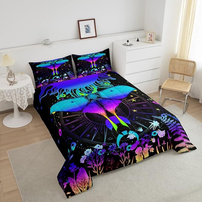 Erosebridal Moth Comforter Set King Hippie Psychedelic Sun and Moon Bedding Set,Purple Blue Ombre Galaxy Floral Botanical Comforter for Girls Teens Women Stars Planet Quilt Duvet 2 Pillowcases - LeafyLoom