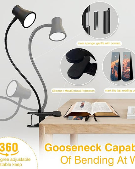 Clip on Light Reading for Bed LED Desk Lights 3 Color Modes 10 Brightness USB Lamp Eye Care 360° Flexible Gooseneck Dimmable for Headboard Computer Read Books Task Lamps with Adapter Bookmark(Black) - LeafyLoom