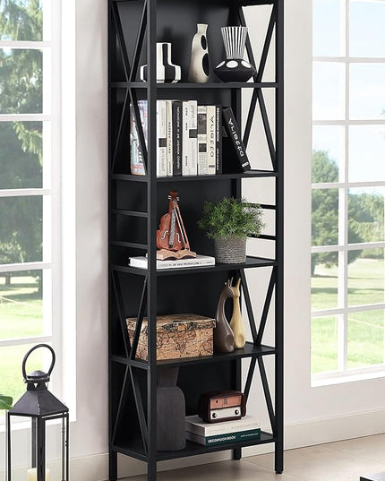 HOMISSUE Bookshelf, 6-Tier Bookshelf, Rustic Wood Metal Bookshelves and Bookcases, Freestanding Open Bookshelf, Industrial Tall Bookcase for Home Office, Living Room and Bedroom, Black - LeafyLoom