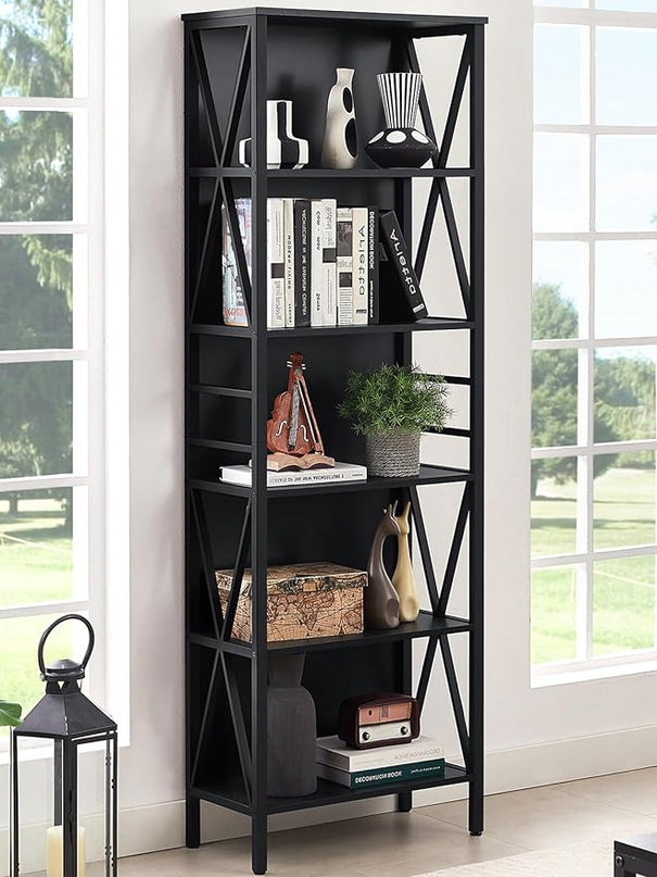 HOMISSUE Bookshelf, 6-Tier Bookshelf, Rustic Wood Metal Bookshelves and Bookcases, Freestanding Open Bookshelf, Industrial Tall Bookcase for Home Office, Living Room and Bedroom, Black - LeafyLoom