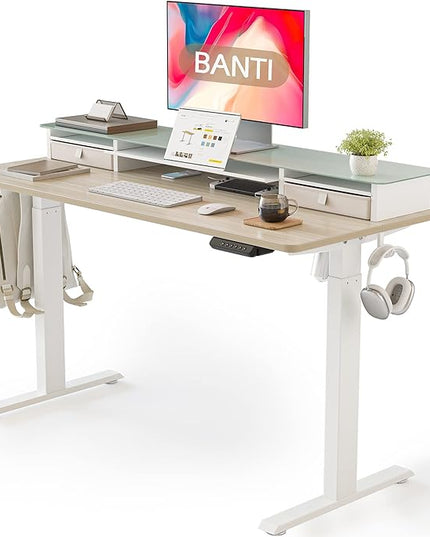 BANTI 48"x 26" Electric Standing Desk with Glass Top Monitor Stand, Adjustable Sit Stand Up Table with Double Drawer, Sit Stand Desk with Storage Shelf, Light Walnut Top - LeafyLoom