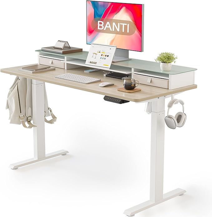 BANTI 48"x 26" Electric Standing Desk with Glass Top Monitor Stand, Adjustable Sit Stand Up Table with Double Drawer, Sit Stand Desk with Storage Shelf, Light Walnut Top - LeafyLoom