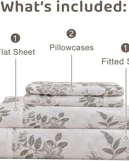 QSH Floral Egyptian Cotton Sheets Queen Size - Green Botanical Elegant Flower Pattern Printed Bedding Sheets Queen Size Bed Extra Soft and Breathable 4pcs Deep Pockets Bed Sheets - LeafyLoom