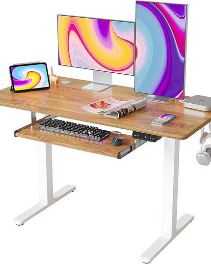 FEZIBO Standing Desk with Keyboard Tray, 48 × 24 Inches Electric Height Adjustable Desk, Sit Stand Up Desk, Computer Office Desk, Light Rustic - LeafyLoom