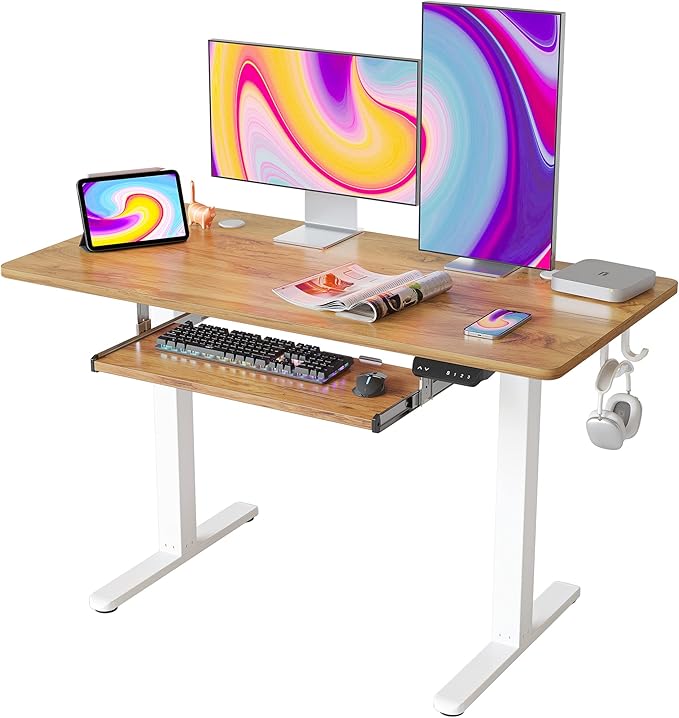 FEZIBO Standing Desk with Keyboard Tray, 48 × 24 Inches Electric Height Adjustable Desk, Sit Stand Up Desk, Computer Office Desk, Light Rustic - LeafyLoom