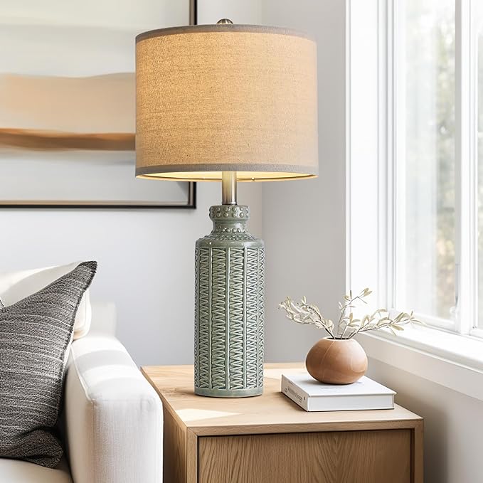 24.75'' Farmhouse Light-Green Ceramic Single Table Lamp for Bedroom Living Room Vintage Traditional Rustic Modern Nightstand Bedside Lamps - LeafyLoom