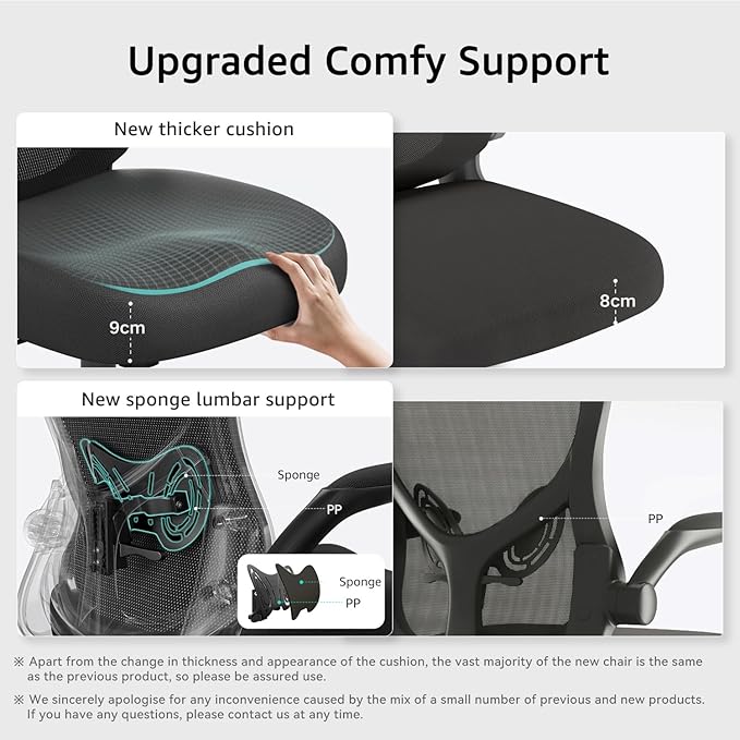 Hbada Office Chair Ergonomic Desk Chair, Office Chairs with PU Silent Wheels, Breathable Mesh Computer Chair with Adjustable Lumbar Support, Flip-up Armrests, Tilt Function, Black - LeafyLoom