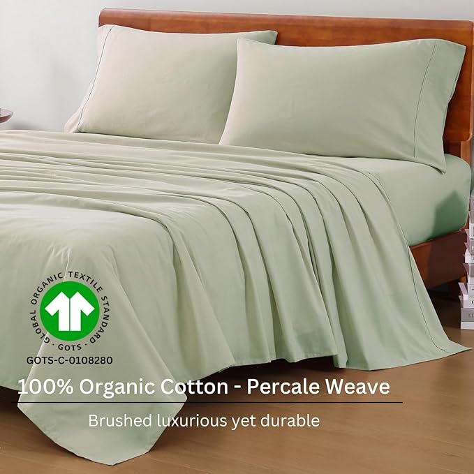 LANE LINEN 100% Organic Cotton Twin Sheets, 3Pc Twin Size Sheets, Breathable Twin Size Sheets for Boys, Luxury Hotel Sheets, 15" Deep Twin Size Fitted Sheet, Percale Weave - Mineral - LeafyLoom