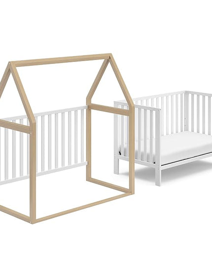 Storkcraft Orchard 5-in-1 Convertible Crib (White with Driftwood) – GREENGUARD Gold Certified, Canopy Style Baby Crib, Converts from Crib to Toddler Bed, Daybed and Full-Size Bed - LeafyLoom