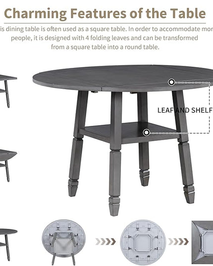 NicBex Dining Room Table Set for 4 Breakfast Nook Table Set 5-Piece Counter Height Dining Table Set in 2 Table Sizes with 4 Folding Leaves and 4 Upholstered Chairs for Dining Room, Gray+Beige - LeafyLoom