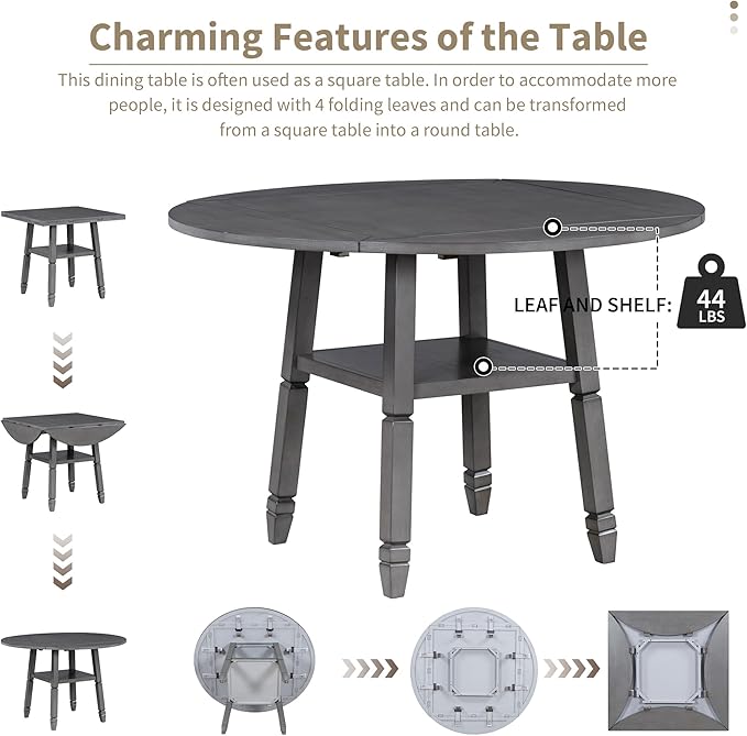 NicBex Dining Room Table Set for 4 Breakfast Nook Table Set 5-Piece Counter Height Dining Table Set in 2 Table Sizes with 4 Folding Leaves and 4 Upholstered Chairs for Dining Room, Gray+Beige - LeafyLoom