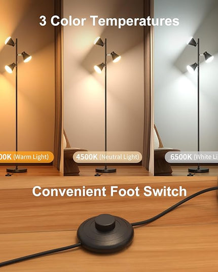 36W Integrated LED Tree Floor Lamp, Rotatable Modern 3 Light Standing Lamp with Foot Switch, Bright Reading Tall Lamp with 3 Color Temperatures, Black Stand up Lamp for Living Room, Bedroom, Office - LeafyLoom