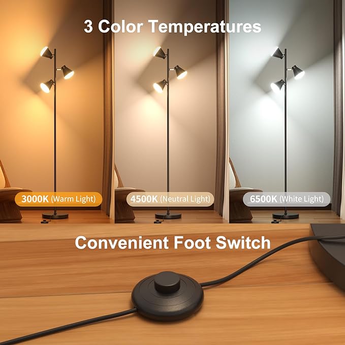 36W Integrated LED Tree Floor Lamp, Rotatable Modern 3 Light Standing Lamp with Foot Switch, Bright Reading Tall Lamp with 3 Color Temperatures, Black Stand up Lamp for Living Room, Bedroom, Office - LeafyLoom
