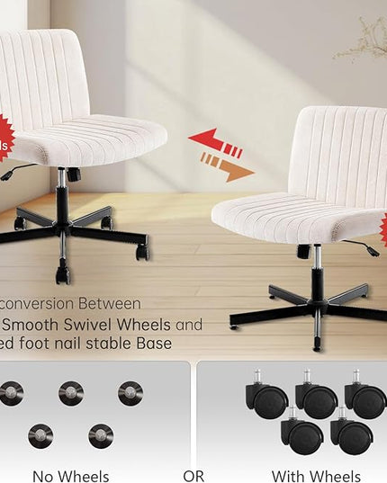 Criss Cross Armless Home Office Chair with Replaceable Wheels/Fixed Base and Lumbar Support for Living Room, Wide Seat Adjustable Legged Swivel Chair, Comfy Linen Computer Chair for Vanity, Beige - LeafyLoom
