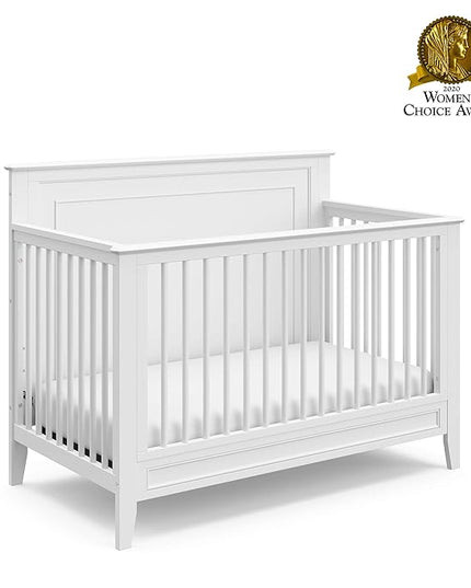 Storkcraft Solstice 5-In-1 Convertible Crib (White) – GREENGUARD Gold Certified, Converts to Toddler Bed and Full-Size Bed, Fits Standard Full-Size Crib Mattress, Adjustable Mattress Support Base - LeafyLoom