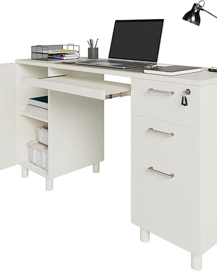 Modern Design By Crafts & comfort Venice Computer Desk - Office Desk with 3 Drawers & CPU Storage Cabinet - Laptop Workstation with Keyboard Tray & Cable Hole - Home & Office Supplies -White - LeafyLoom