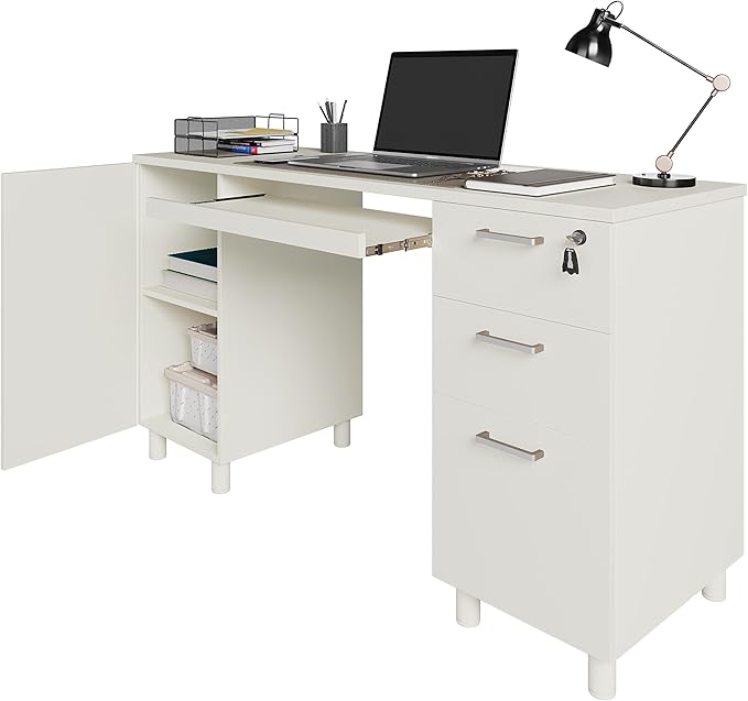 Modern Design By Crafts & comfort Venice Computer Desk - Office Desk with 3 Drawers & CPU Storage Cabinet - Laptop Workstation with Keyboard Tray & Cable Hole - Home & Office Supplies -White - LeafyLoom