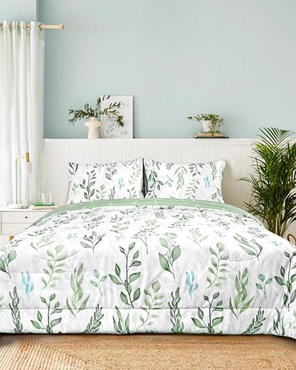 DILIMI Full Size Comforter Set for Girls, 5 Pieces Reversible Comforter Full Size, Ultra Soft Green Leaf Full Size Bed Comforter Sets with Sheet, Comforter, Flat Sheet, 2 Pillowcase - LeafyLoom