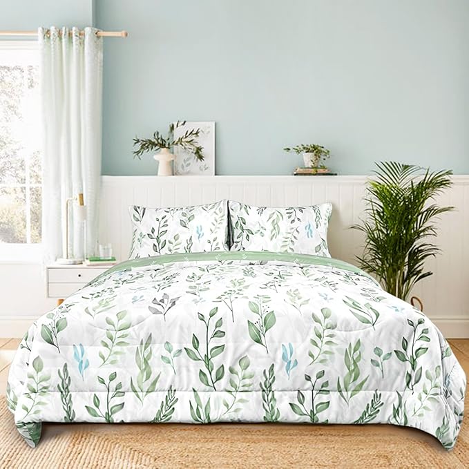 DILIMI Full Size Comforter Set for Girls, 5 Pieces Reversible Comforter Full Size, Ultra Soft Green Leaf Full Size Bed Comforter Sets with Sheet, Comforter, Flat Sheet, 2 Pillowcase - LeafyLoom