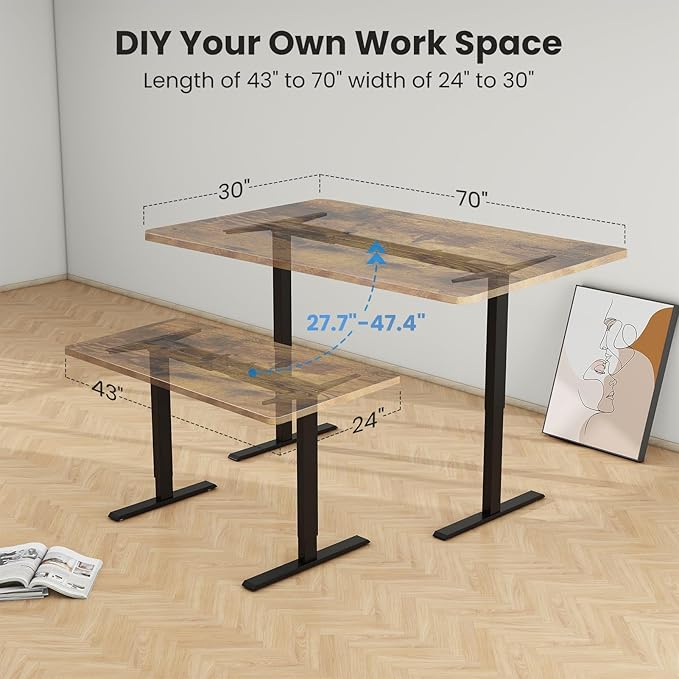 Dual Motor Standing Desk Frame- Heavy Duty Electric Desk Legs, Adjustable Desk Base, Sit Stand Up Desk Frame with Memory Controller for 43''-70'' Desktop, Home & Office DIY Workstation - LeafyLoom