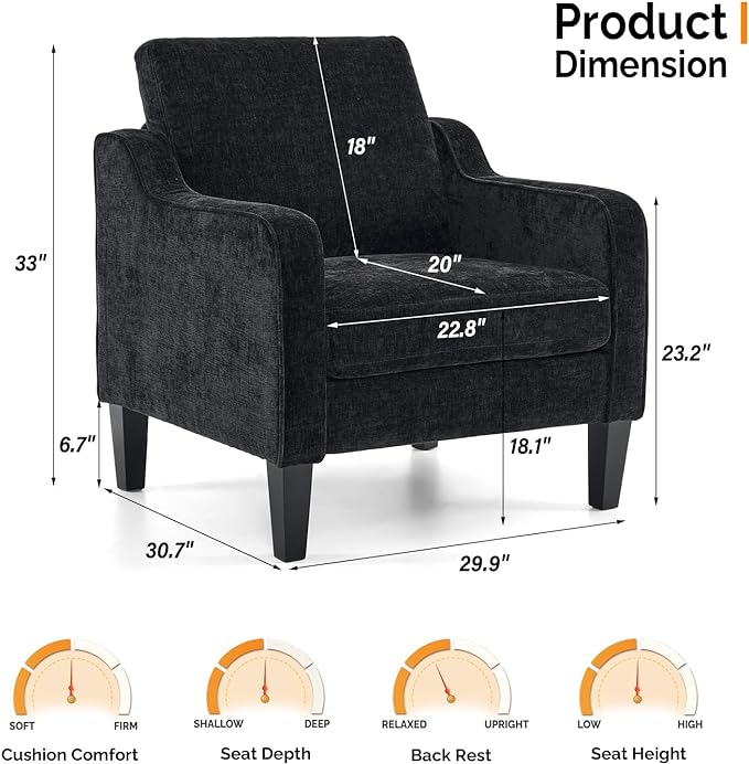 VINGLI Living Room Chairs Set of 2, Black Accent Chair 5.5" Thick Seat Cushion Comfy Chair Soft Chenille Side Chair Upholstered Arm Chair for Bedroom, Play Room, Apartment, Office (Black) - LeafyLoom