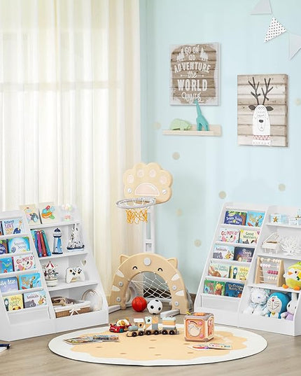Lerliuo 4 Tier Kids Bookshelf and Storage Organizer, Five Layer Sling Children Bookcase, Baby Toddler Wooden Book Shelf, Display Cabinet for Playroom, Bedroom, Classroom, Nursery, School (White) - LeafyLoom