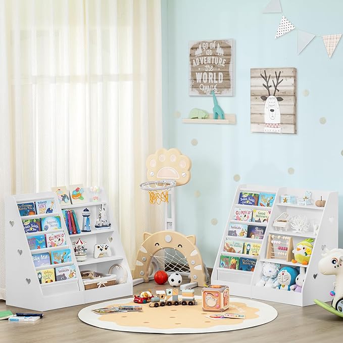 Lerliuo 4 Tier Kids Bookshelf and Storage Organizer, Five Layer Sling Children Bookcase, Baby Toddler Wooden Book Shelf, Display Cabinet for Playroom, Bedroom, Classroom, Nursery, School (White) - LeafyLoom