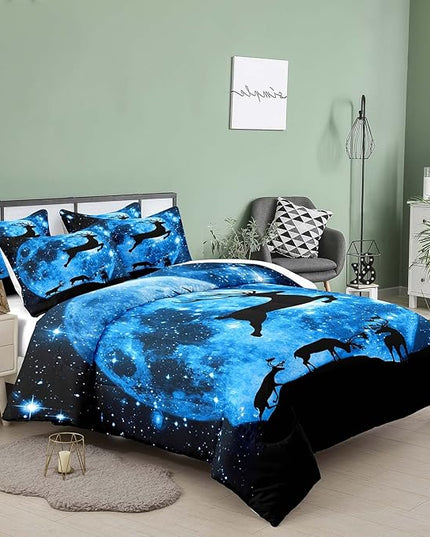 NINENINE Galaxy Deer Comforter Queen Size for Boys Girls Kids,Blue Moonlight Bedding Sets,Outer Space Bedding Set with 1 Comforter 2 Pillowcases - LeafyLoom