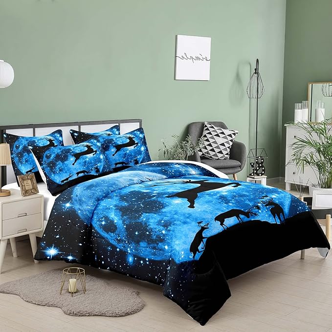 NINENINE Galaxy Deer Comforter Queen Size for Boys Girls Kids,Blue Moonlight Bedding Sets,Outer Space Bedding Set with 1 Comforter 2 Pillowcases - LeafyLoom