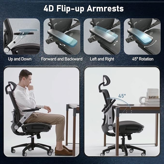 COLAMY Ergonomic Mesh Office Chair with Footrest, High Back Computer Executive Desk Chair with Headrest and 4D Flip-up Armrests, Adjustable Tilt Lock and Lumbar Support-Grey - LeafyLoom