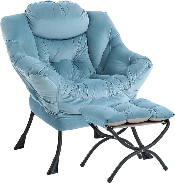 LITA Lazy Chair with Ottoman, Modern Accent Leisure Upholstered Sofa Chair, Contemporary Lounge Reading Chair with Armrests and a Side Pocket for Living Room, Bedroom & Small Space, Light Blue - LeafyLoom