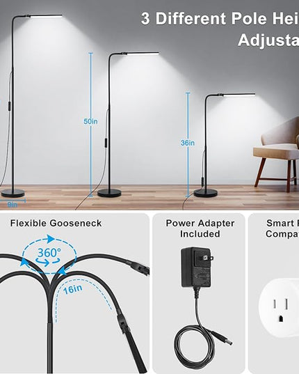 LED Floor Lamp, 15W/1800LM Bright Reading Floor Lamp for Office with Double Head, Adjustable Gooseneck Dimmable Modern Standing Light for Lash Extension Craft, Eye Caring Floor Lamps for Living Room - LeafyLoom