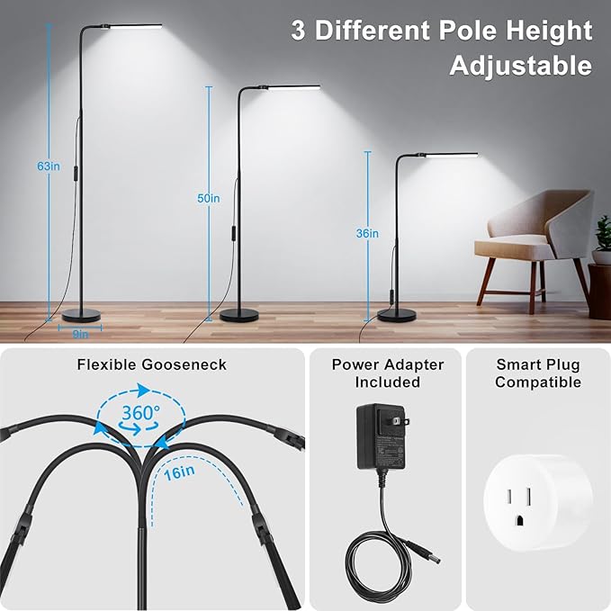 LED Floor Lamp, 15W/1800LM Bright Reading Floor Lamp for Office with Double Head, Adjustable Gooseneck Dimmable Modern Standing Light for Lash Extension Craft, Eye Caring Floor Lamps for Living Room - LeafyLoom