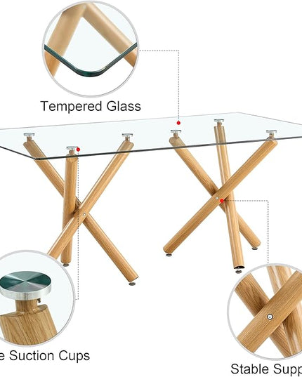 Modern Glass Table with Rectangular Tempered Tabletop,Dinner Desk Set for 6-8 people W, Home,Kitchen,Dining Room,Office,Wood+Clear Finish, 71" Chrome Metal Legs - LeafyLoom