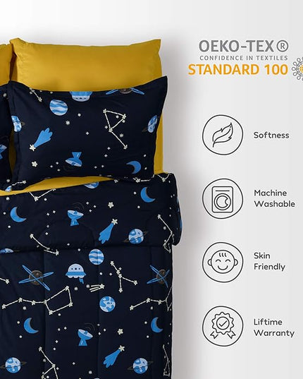 SLEEP ZONE Kids Bedding Comforter Set Full/Queen Size - Super Cute & Soft Kids Bedding 7 Pieces Set with Comforter, Sheet, Pillowcase & Sham (Navy Galaxy) - LeafyLoom