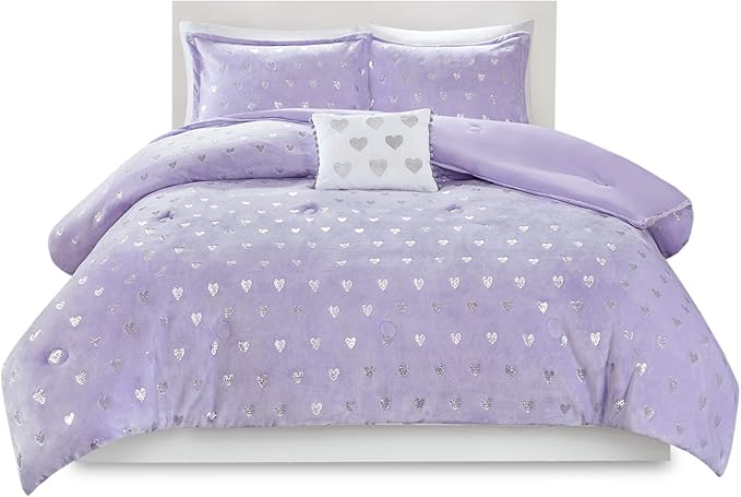 Mi Zone Rosalie Comforter Set for Girls, Ultra-Soft Microlight Plush Metallic Printed Hearts Brushed Reverse Overfilled Down Alternative Hypoallergenic All Season, Full/Queen, Purple/Silver, 4 Piece - LeafyLoom