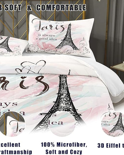 Bodhi Pink Comforter Set Twin,Paris Comforter Set for Girls,Cartoon Sketch Eiffel Tower Pink Bedding Set,Girls Pink Paris Bedding Set with Matching Pillowcase,Eiffel Tower Bedding Set - LeafyLoom