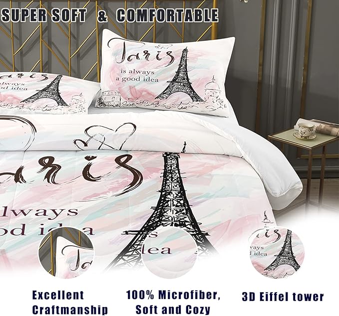 Bodhi Pink Comforter Set Twin,Paris Comforter Set for Girls,Cartoon Sketch Eiffel Tower Pink Bedding Set,Girls Pink Paris Bedding Set with Matching Pillowcase,Eiffel Tower Bedding Set - LeafyLoom